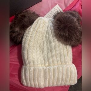 White Knit Hat with Two Pom Poms- NWT